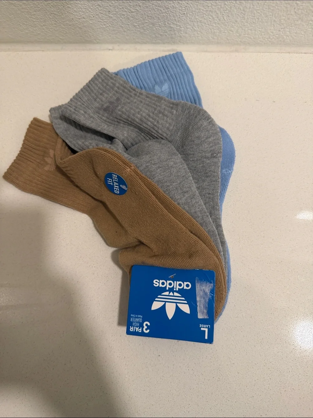 adidas 3-Pack Crew Socks in Tan, Gray & Light Blue